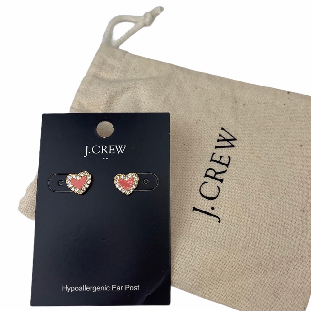 J.CREW Heart Earrings Enamel Bright Coral Crystals - Picture 1 of 6